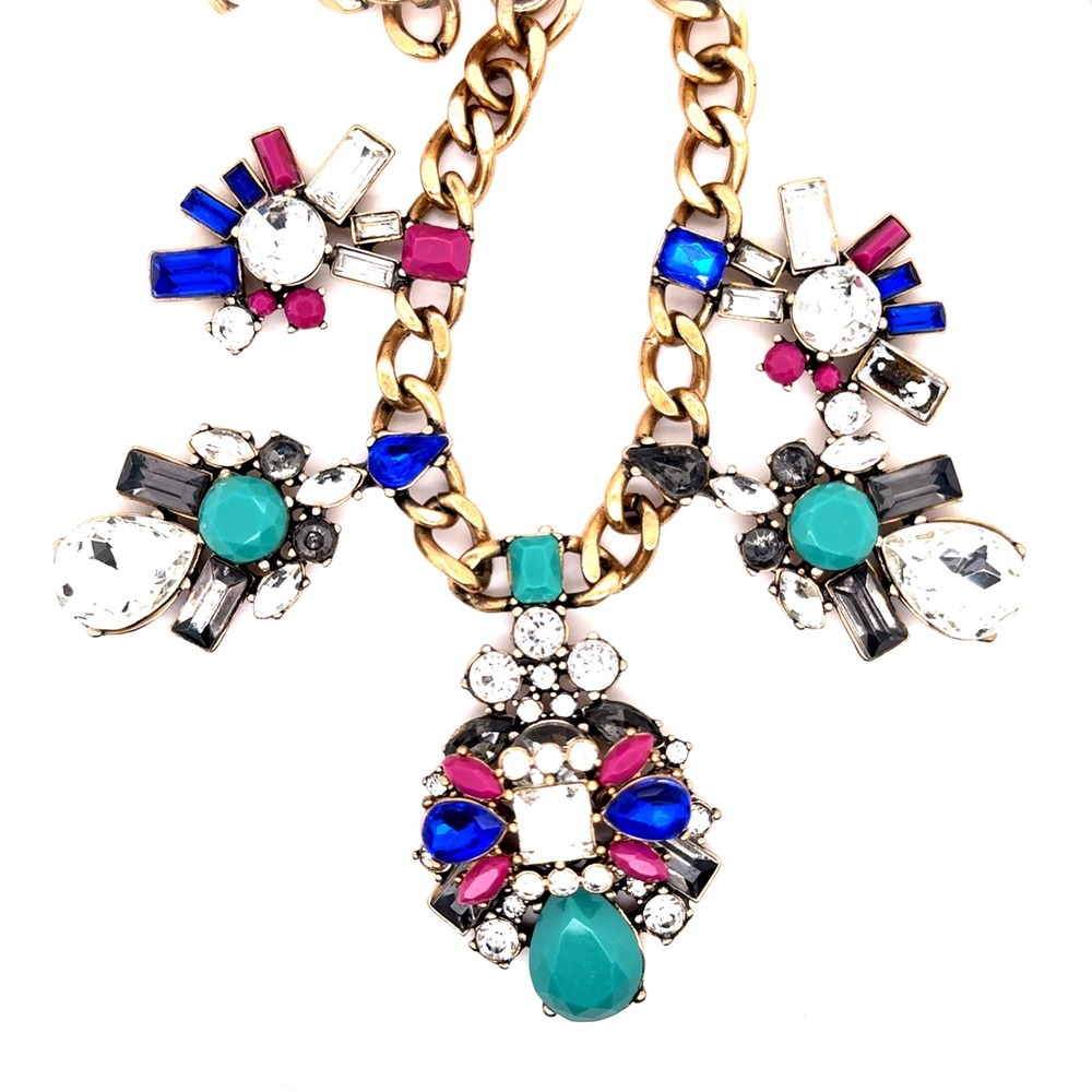 J.Crew Multi Color Crystal Statement Necklace Gold Tone Curb Chain Bib